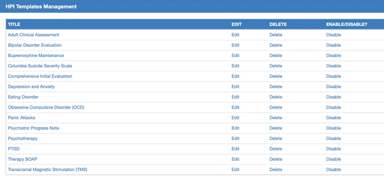 Psychiatry & Behavioral Health (HPI) Templates