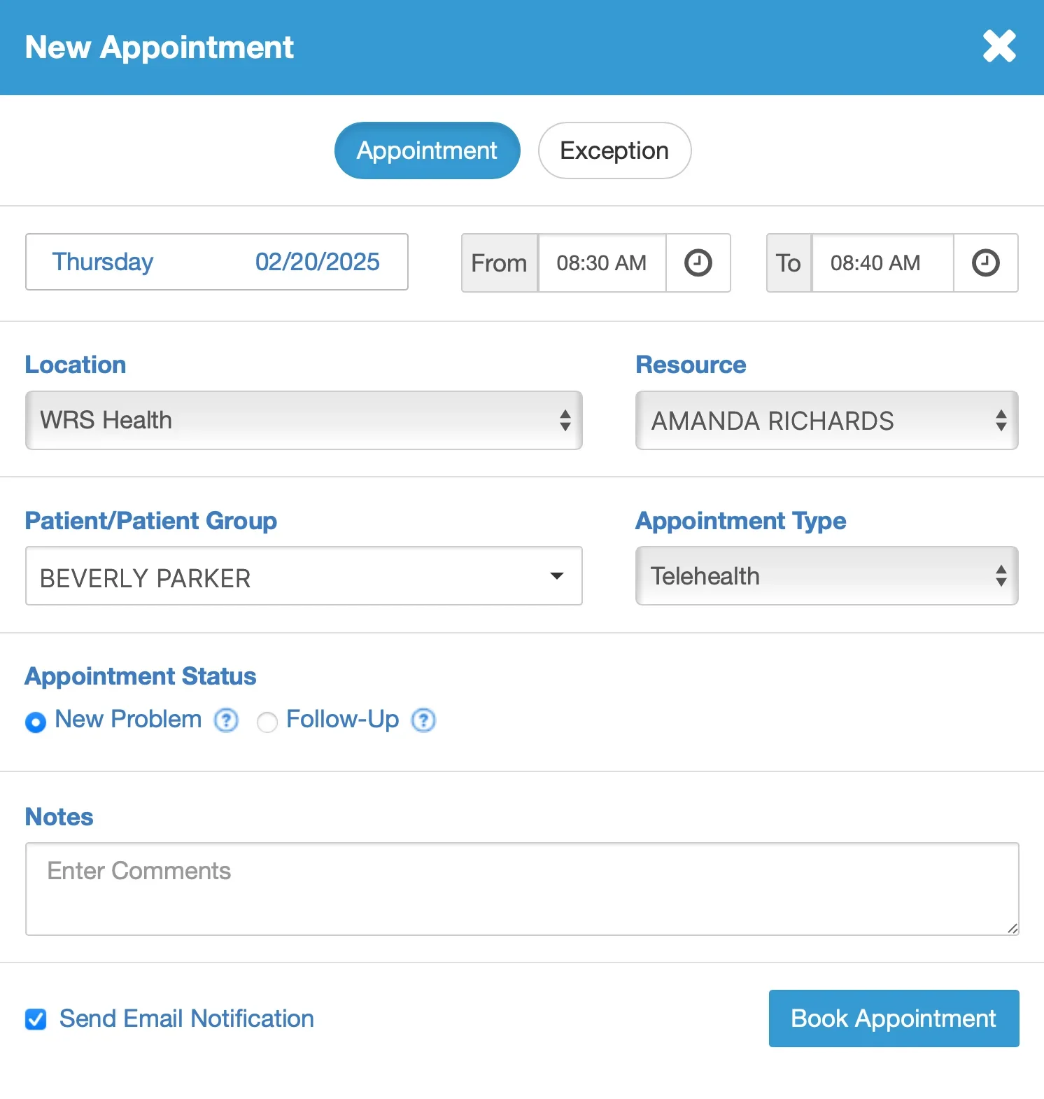 New Appointment EHR Screen